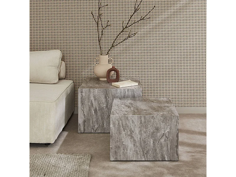 Set di 2 tavolini quadrati con effetto marmo, grigio