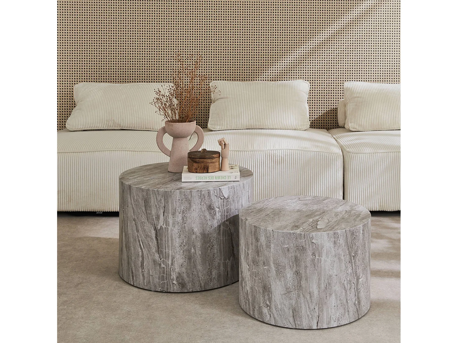 Mesita redonda efecto mármol, set de 2 gris