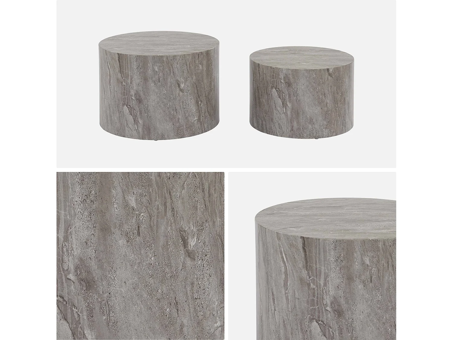 Mesita redonda efecto mármol, set de 2 gris