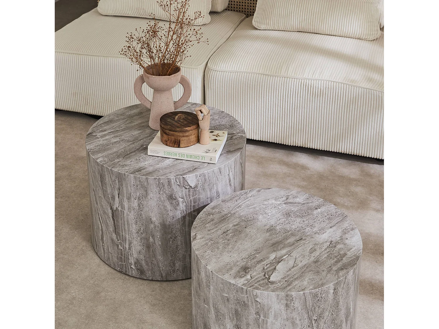 Mesita redonda efecto mármol, set de 2 gris