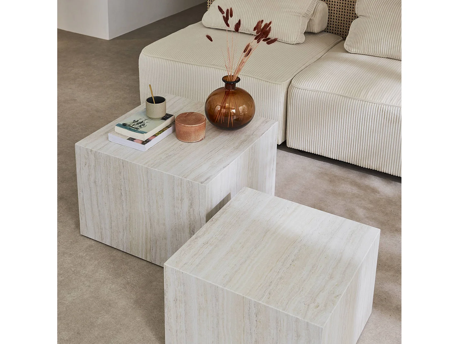 Mesa de centro cuadrada con efecto mármol, set de 2 blanco