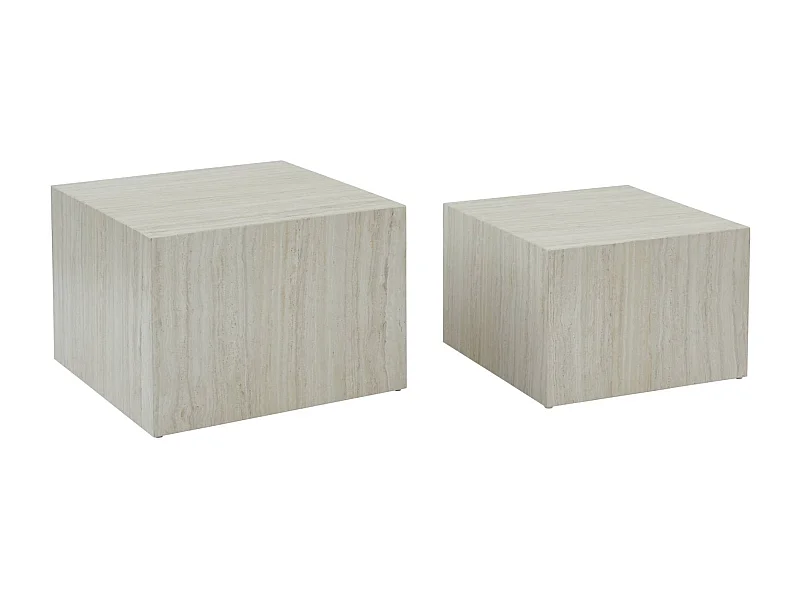 Lot de 2 tables basses effet marbre blanc cassé PAROS.  L 58 x l 58 x H 40cm / L 50 x l 50 x H 33cm
