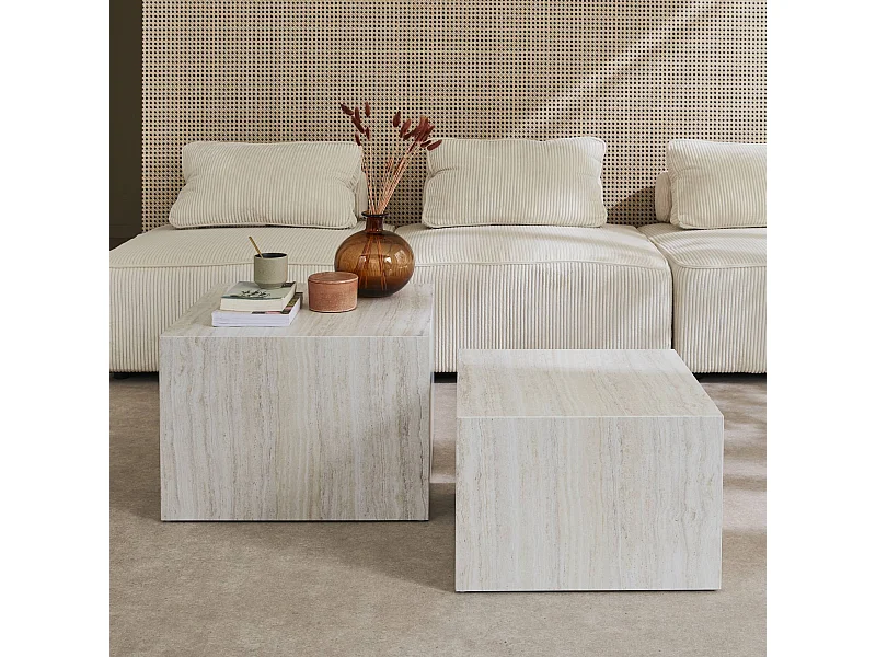 Lot de 2 tables basses effet marbre blanc cassé PAROS.  L 58 x l 58 x H 40cm / L 50 x l 50 x H 33cm