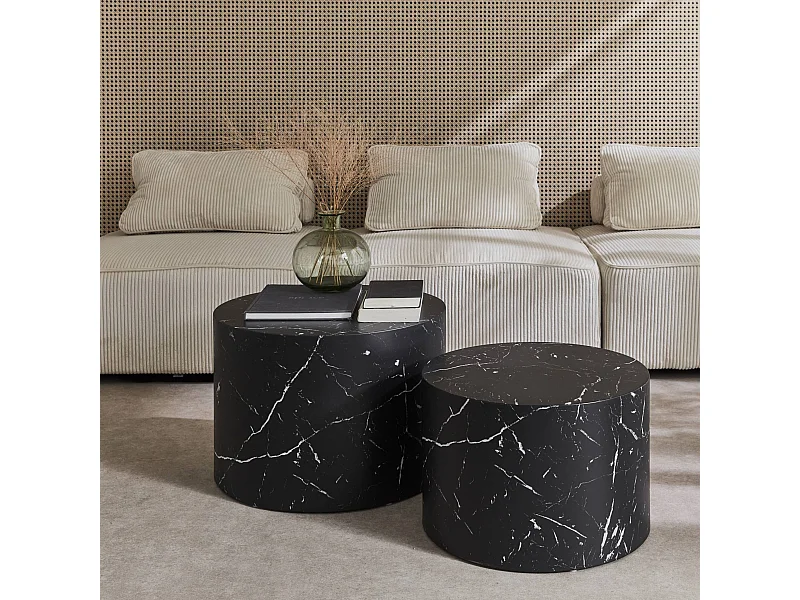 Mesita centro redonda efecto mármol, set de 2 negro