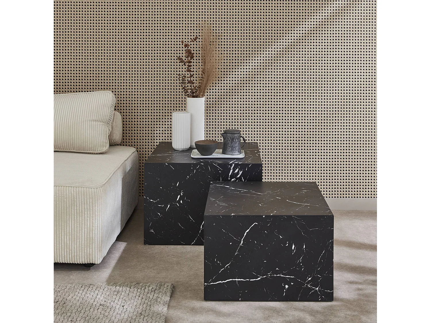 Mesa de centro cuadrada con efecto mármol, set de 2 negro