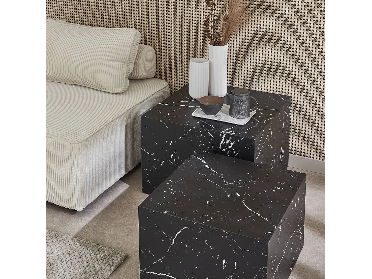 Mesa de centro cuadrada con efecto mármol, set de 2 negro