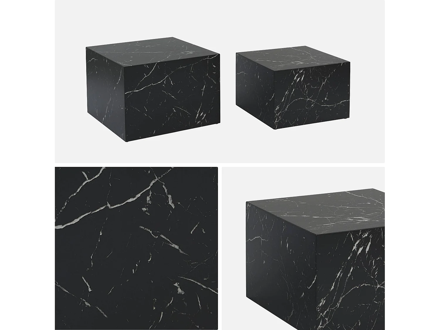 Set di 2 tavolini quadrati con effetto marmo, Paros, Nero, 58x58x40 cm