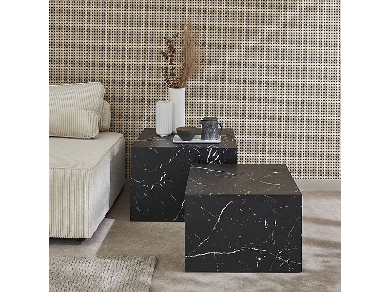 Set di 2 tavolini quadrati con effetto marmo, nero