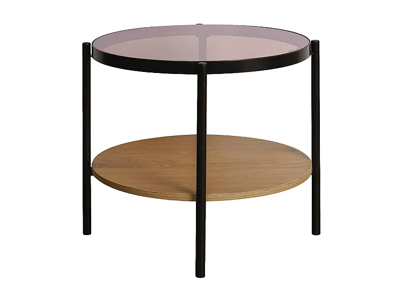 Mesa auxiliar redonda de cristal templado efecto madera y metal negro