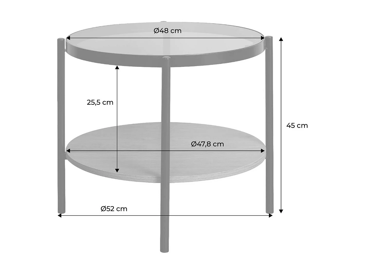 Tavolino rotondo in vetro temperato, legno ed effetto metallo nero,