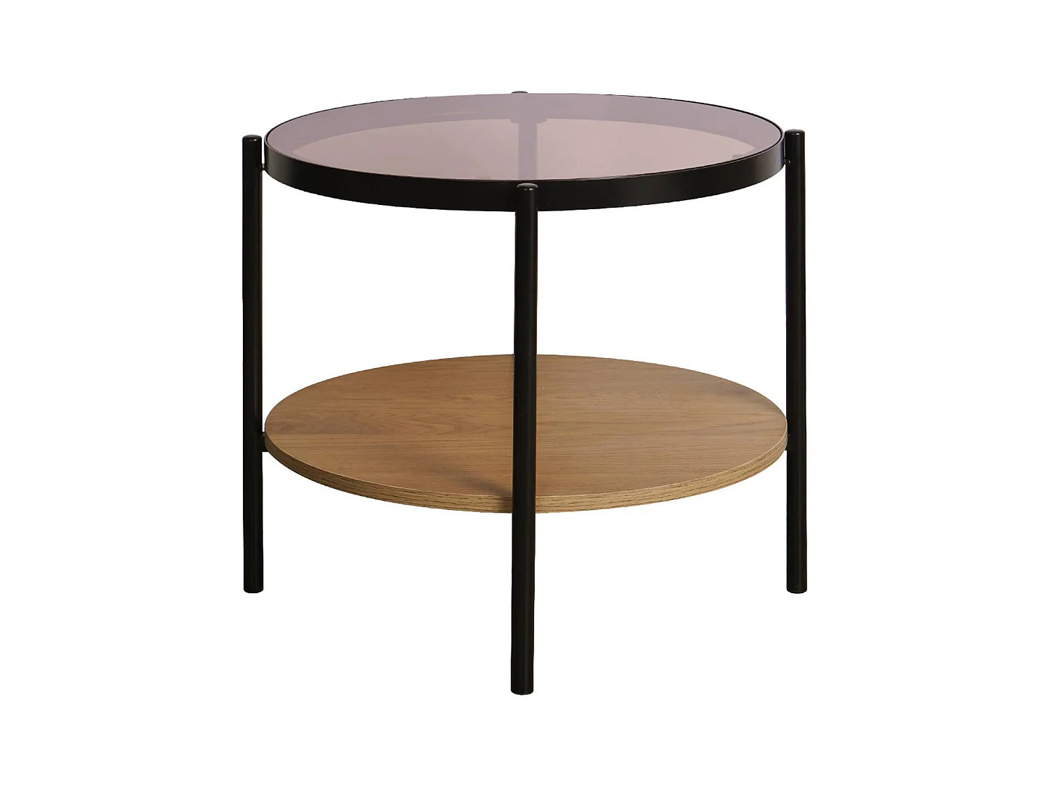 Table basse / d'appoint ronde 52 x 52 cm effet bois et métal noir. 2 plateaux dont un en verre trempé