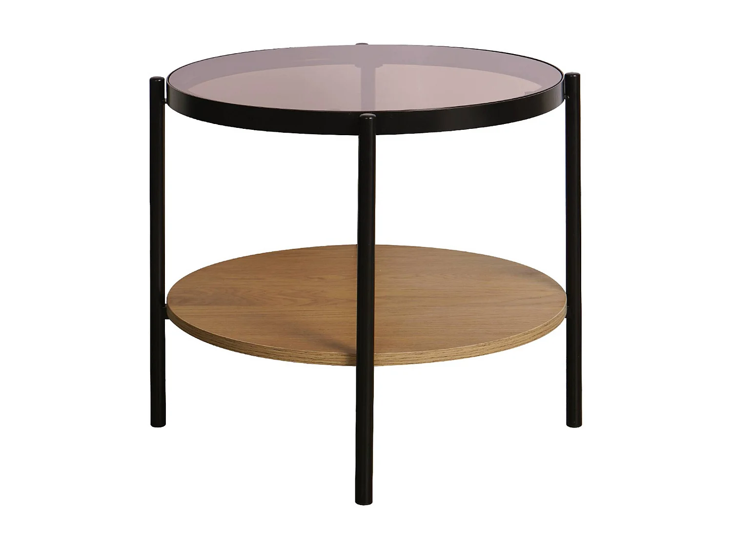 Tavolino rotondo in vetro temperato, legno ed effetto metallo nero,
