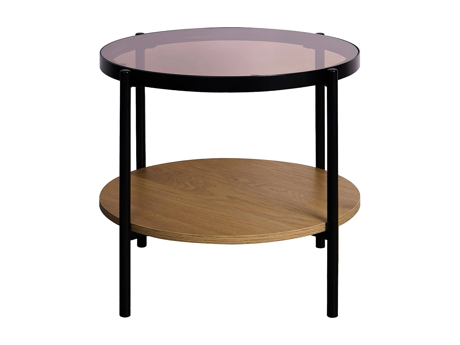 Tavolino rotondo in vetro temperato, legno ed effetto metallo nero,