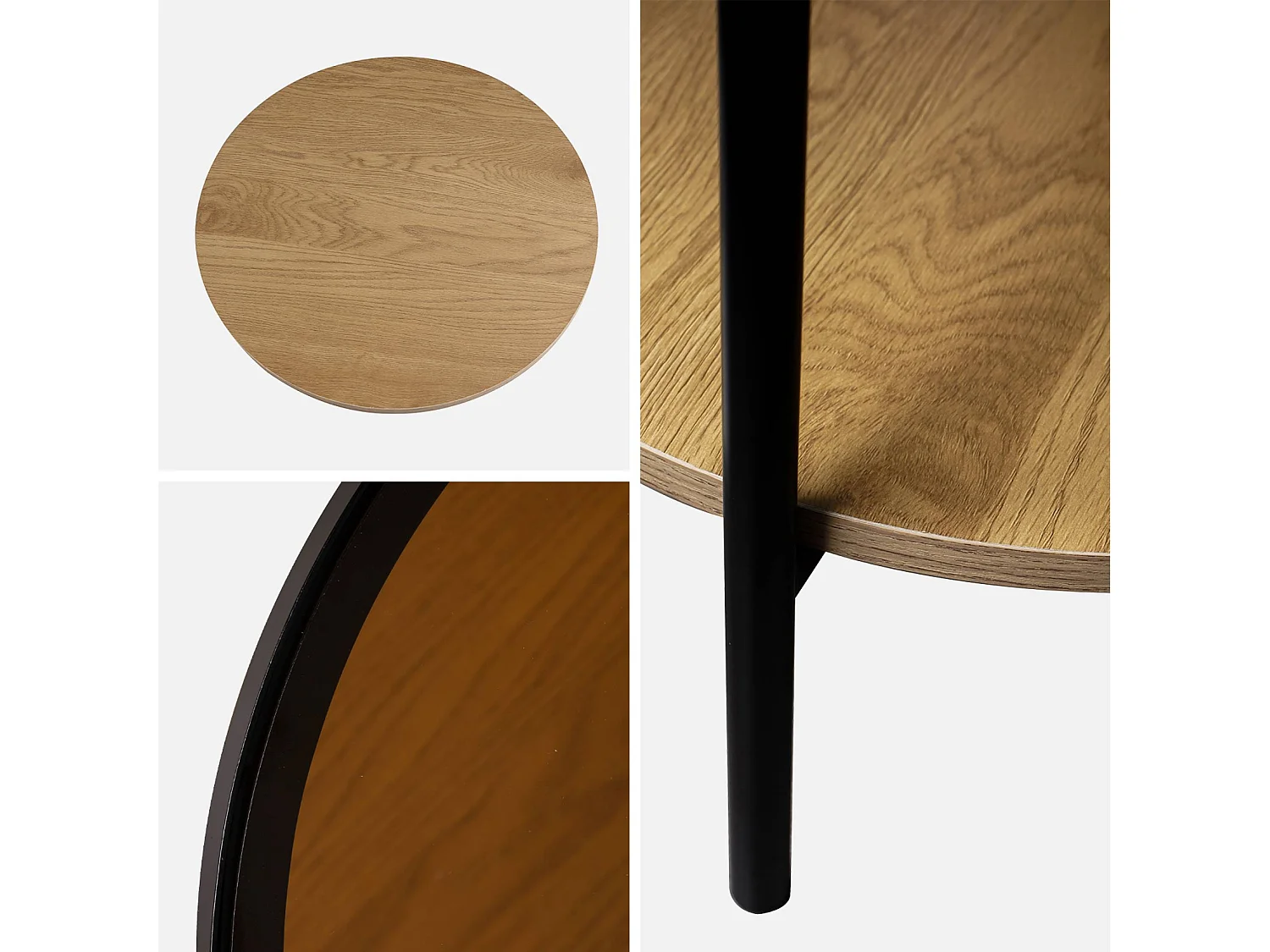 Tavolino rotondo in vetro temperato, legno ed effetto metallo nero,