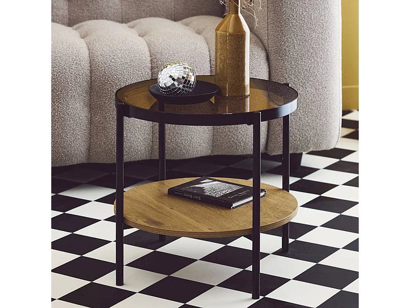 Mesa auxiliar redonda de cristal templado efecto madera y metal negro