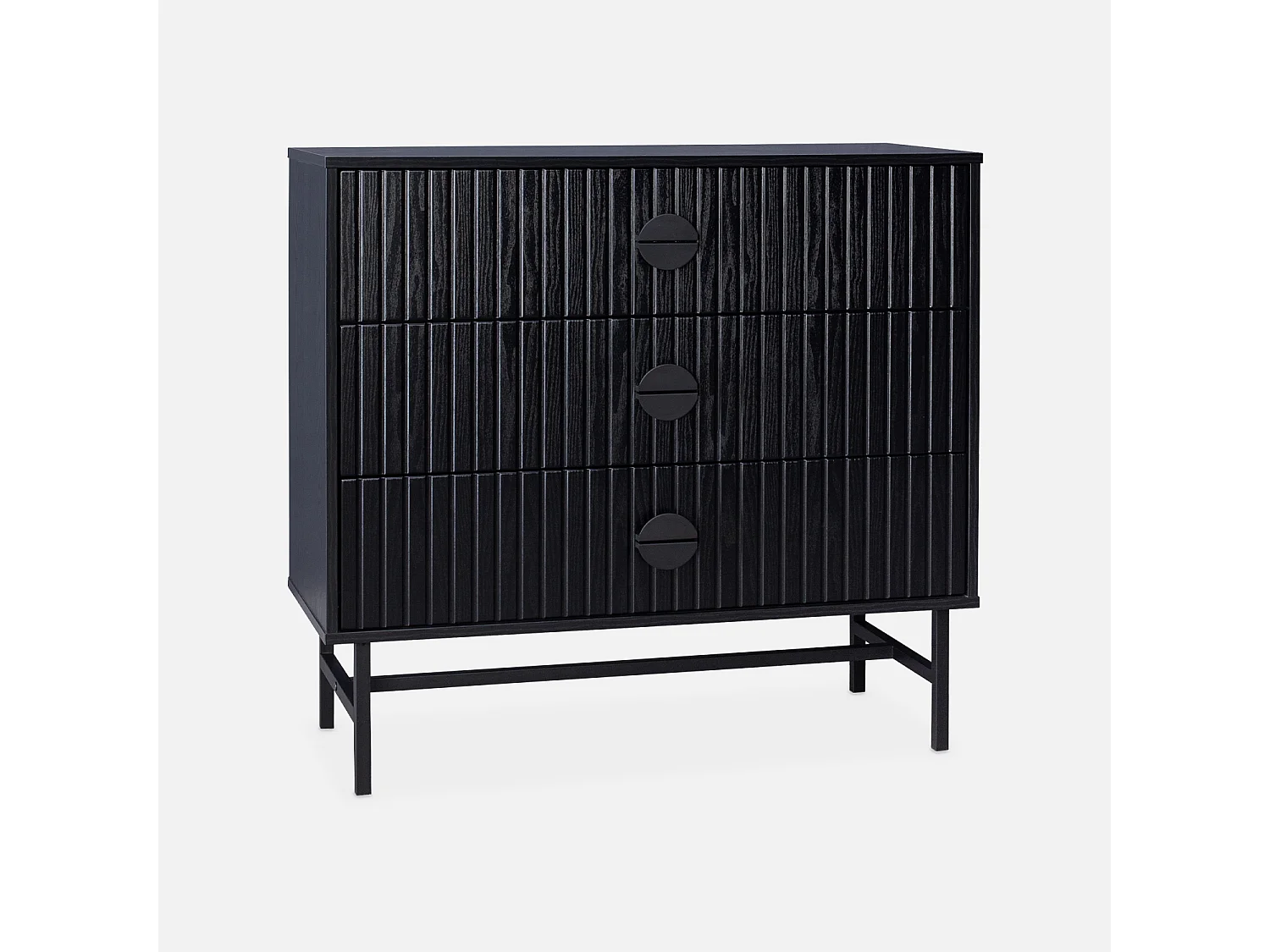 Cómoda con efecto madera y ranuras negras, 3 cajones negro