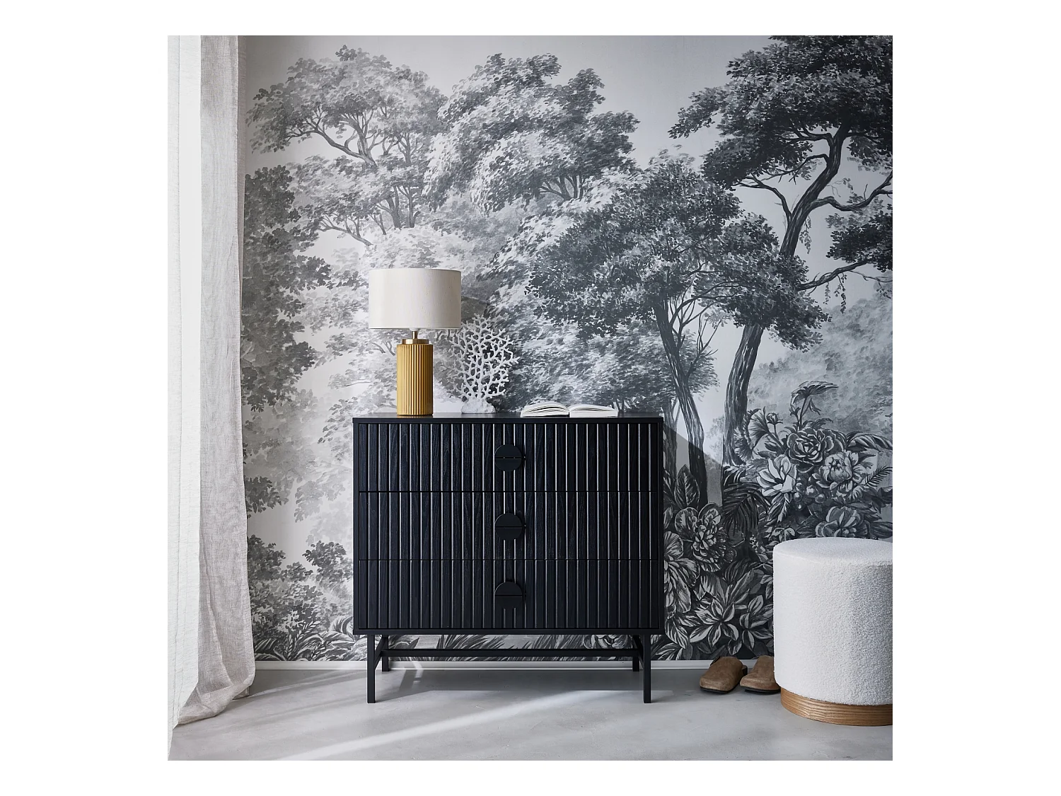 Commode 3 tiroirs effet bois rainuré noir BAZALT
