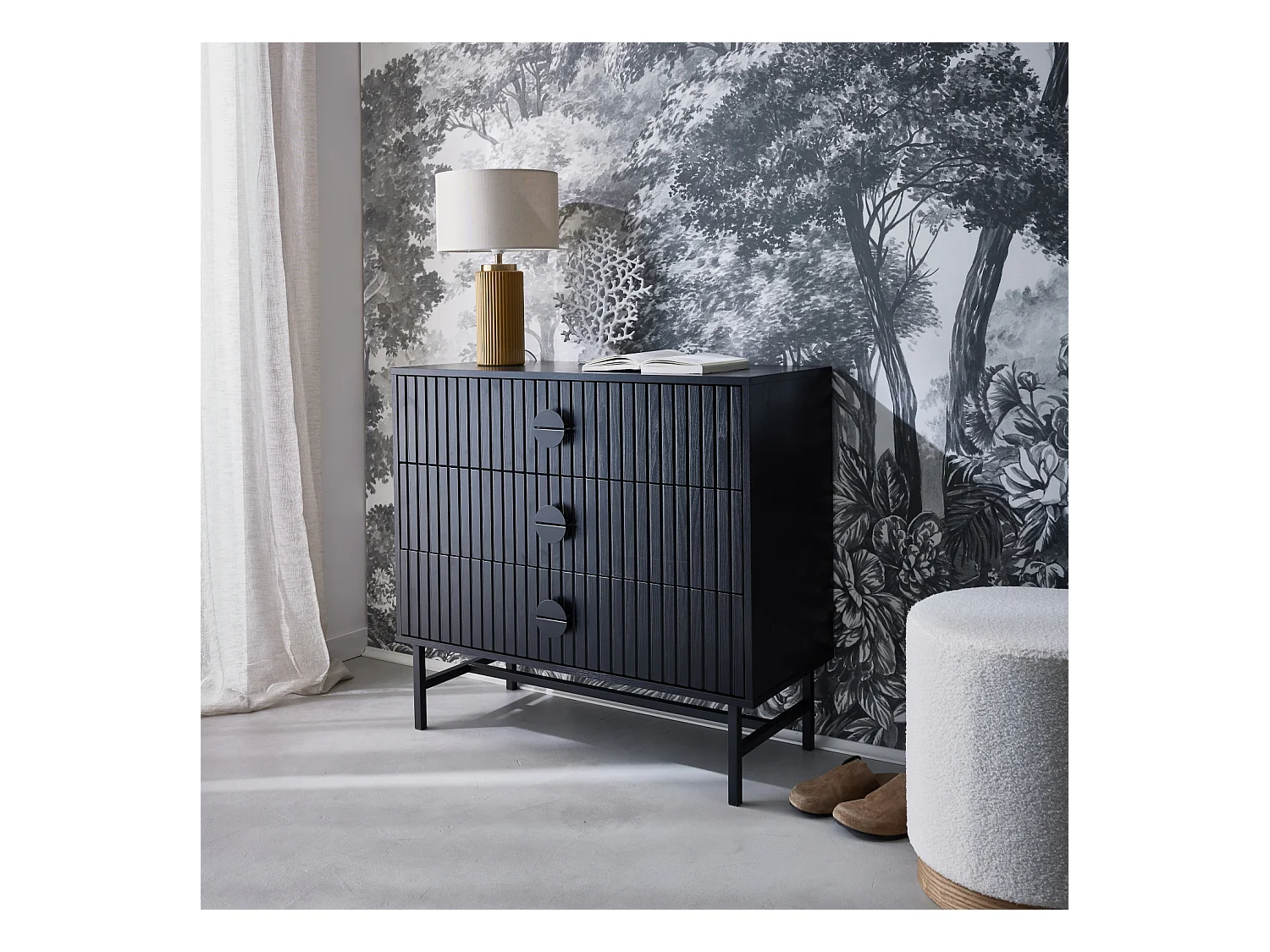 Commode 3 tiroirs effet bois rainuré noir BAZALT