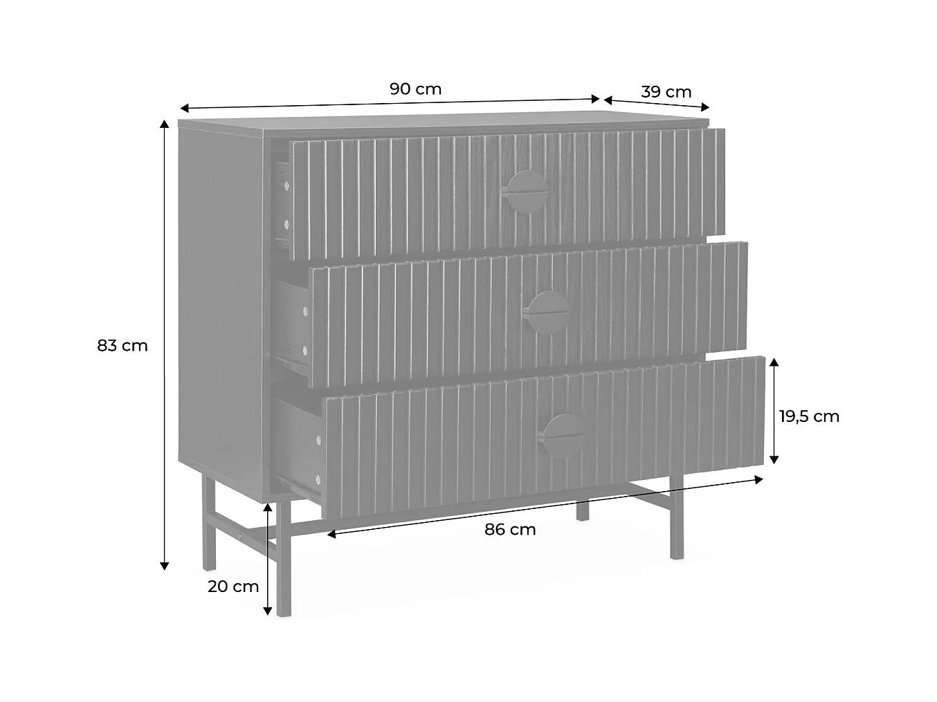 Commode 3 tiroirs effet bois rainuré noir BAZALT