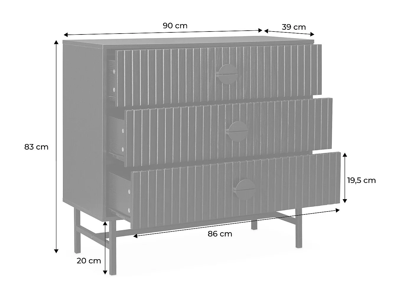 Commode 3 tiroirs effet bois rainuré noir BAZALT
