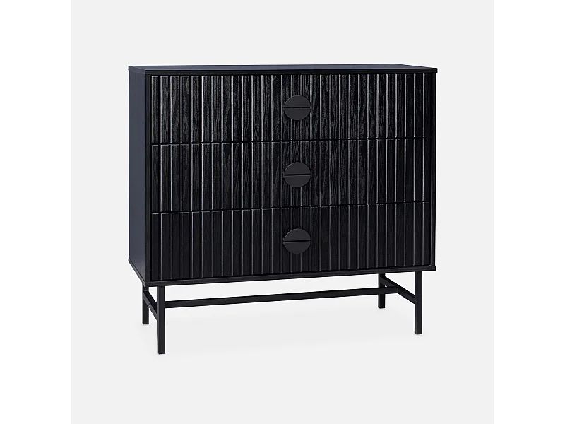 Commode 3 tiroirs effet bois rainuré noir BAZALT