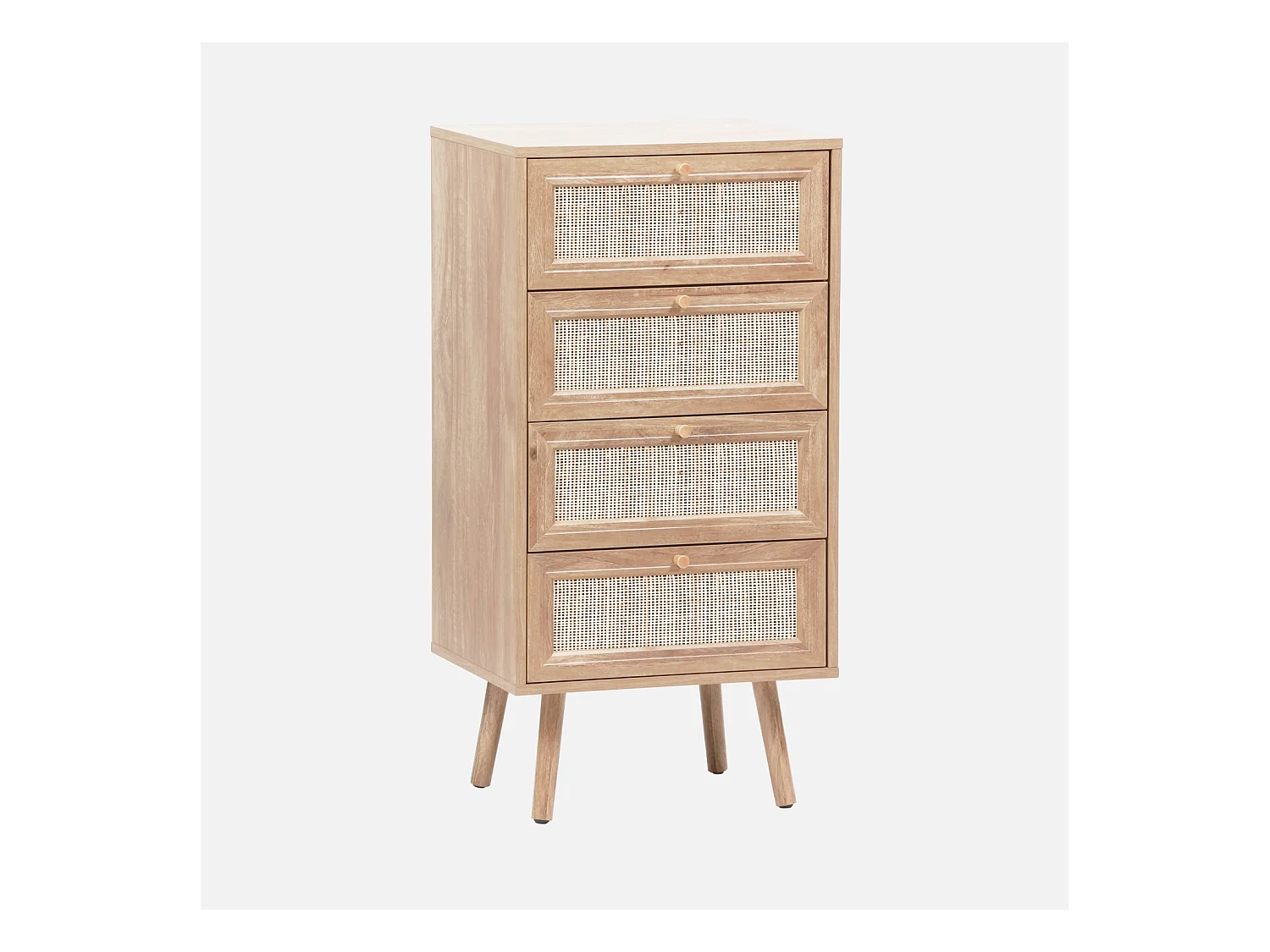 Commode chiffonnier 4 tiroirs effet bois et cannage