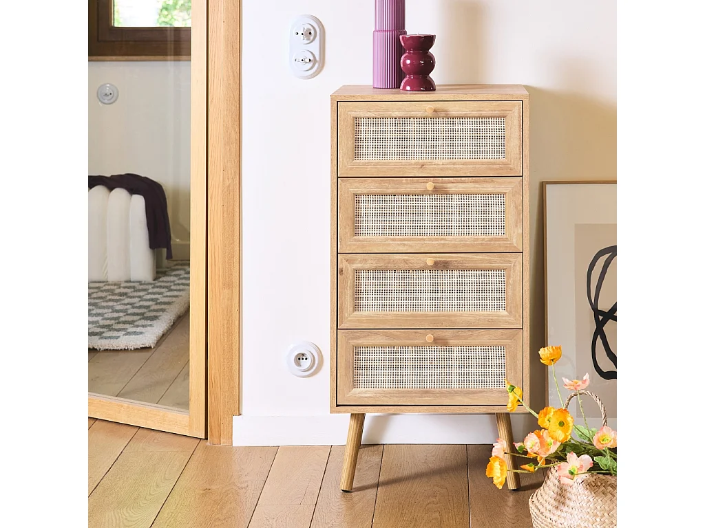 Commode chiffonnier 4 tiroirs décor bois et cannage