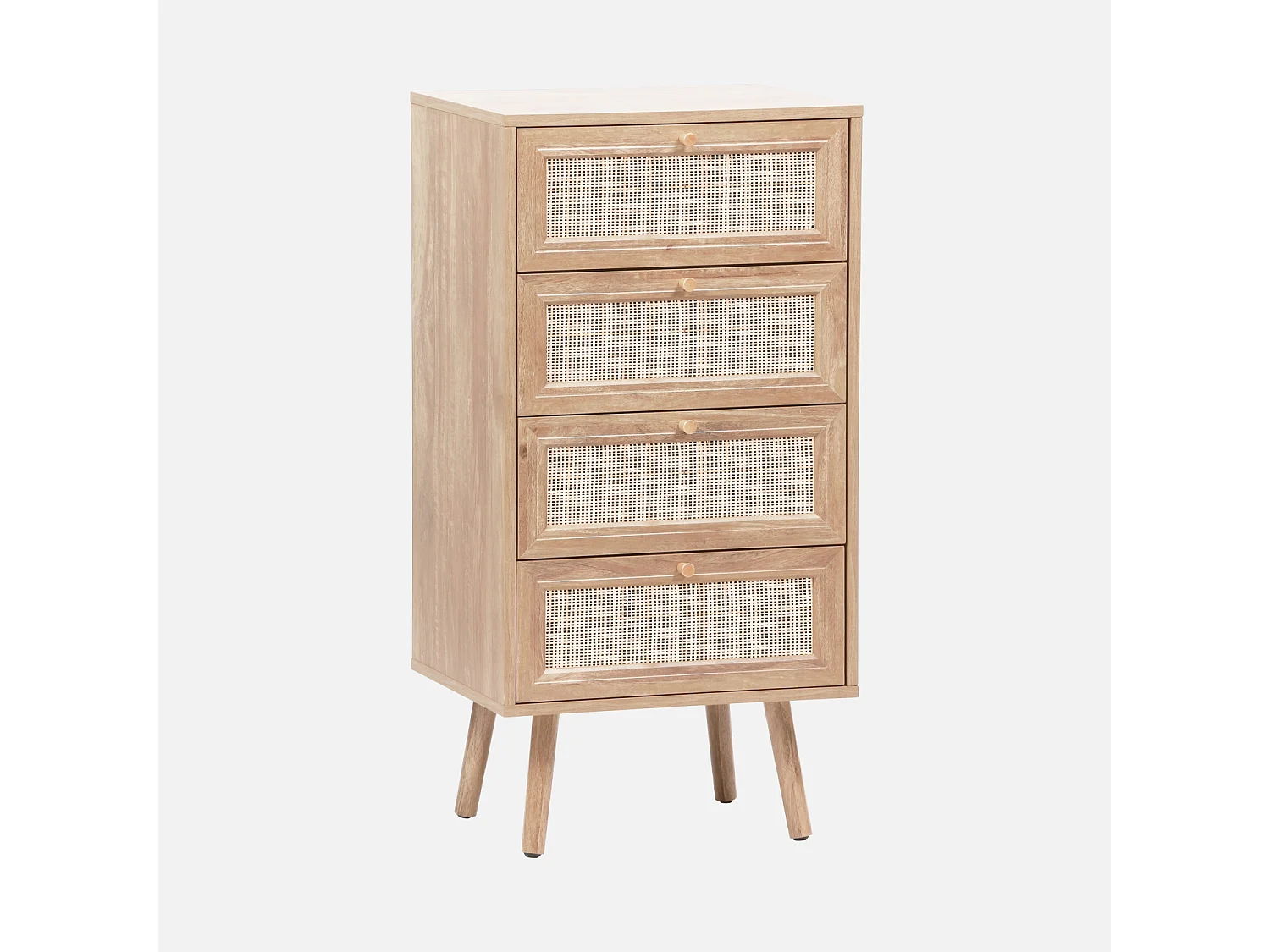 Commode chiffonnier 4 tiroirs décor bois et cannage