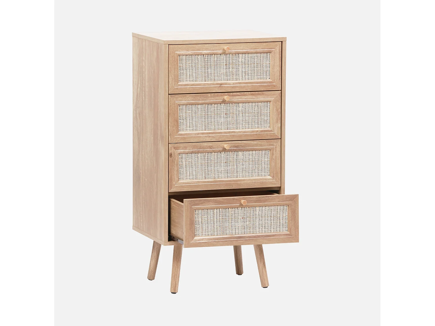 Commode chiffonnier 4 tiroirs décor bois et cannage