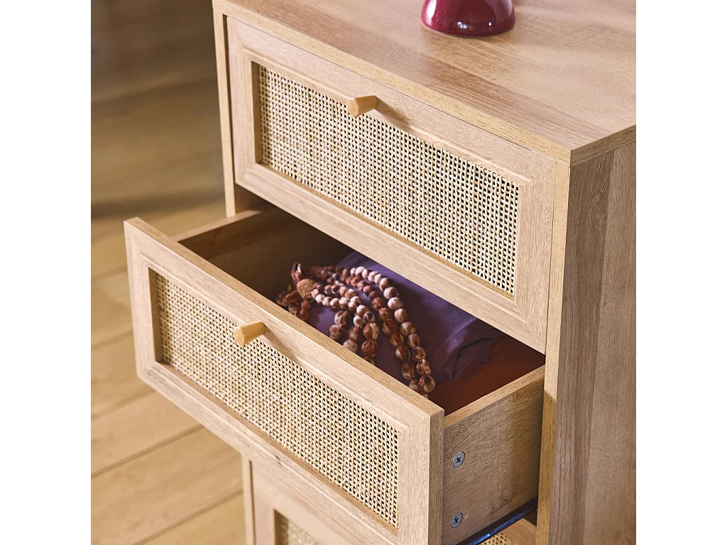 Commode chiffonnier 4 tiroirs décor bois et cannage