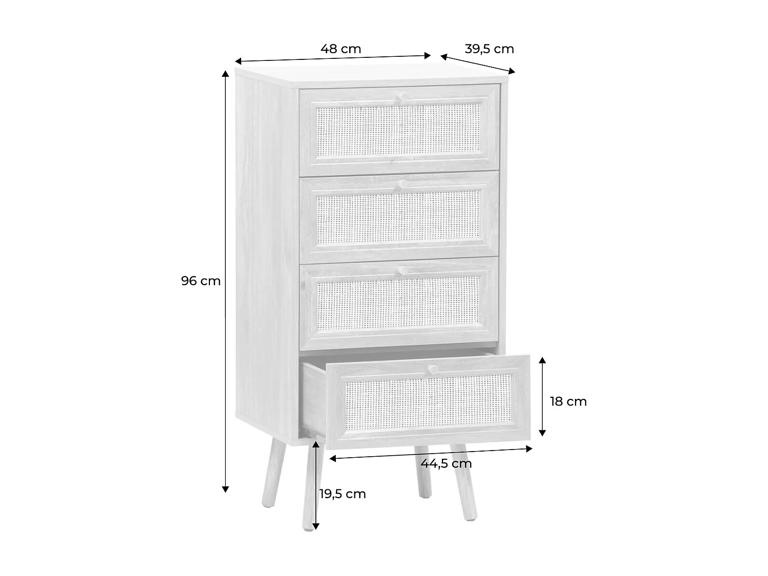 Commode chiffonnier 4 tiroirs décor bois et cannage