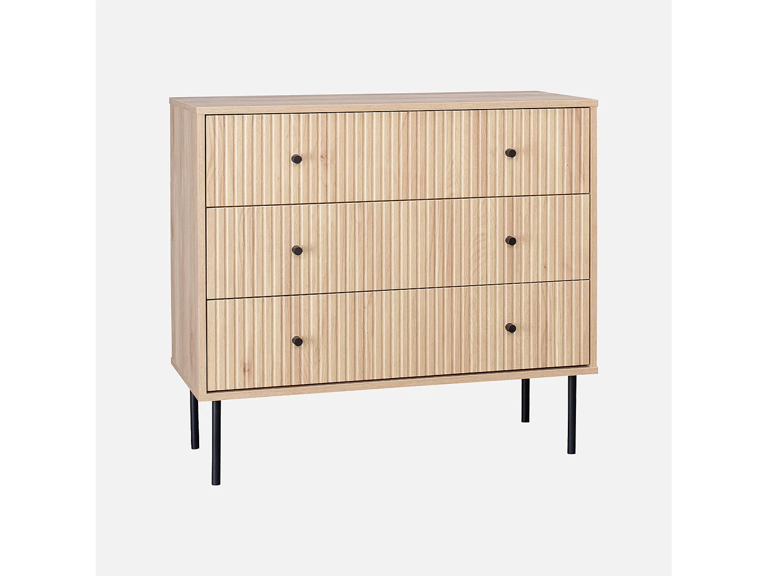 Commode contemporaine décor bois rainuré 3 tiroirs poignées métal noir