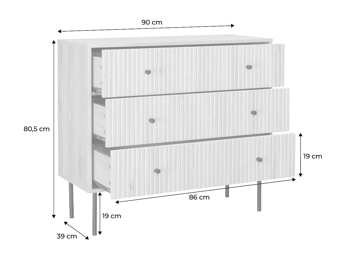 Commode contemporaine décor bois rainuré 3 tiroirs poignées métal noir