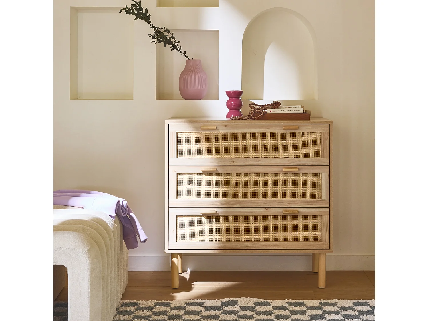 Commode 3 tiroirs cannage et décor bois CAMARGUE L 80 x P 40 x H 80cm