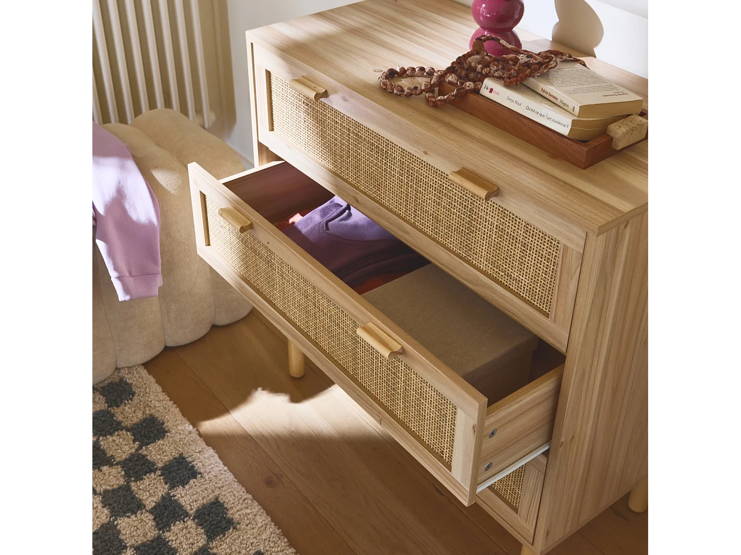 Commode 3 tiroirs cannage et décor bois CAMARGUE L 80 x P 40 x H 80cm