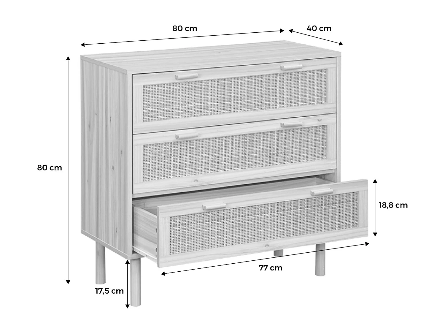 Commode 3 tiroirs cannage et décor bois CAMARGUE L 80 x P 40 x H 80cm