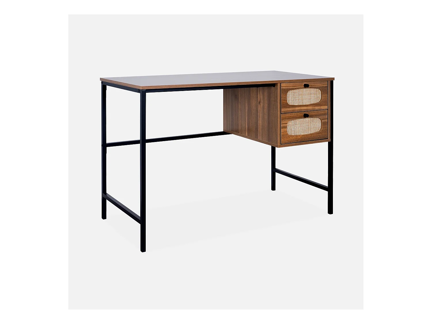 Bureau rétro décor bois et cannage avec piètement et poignées en métal noir