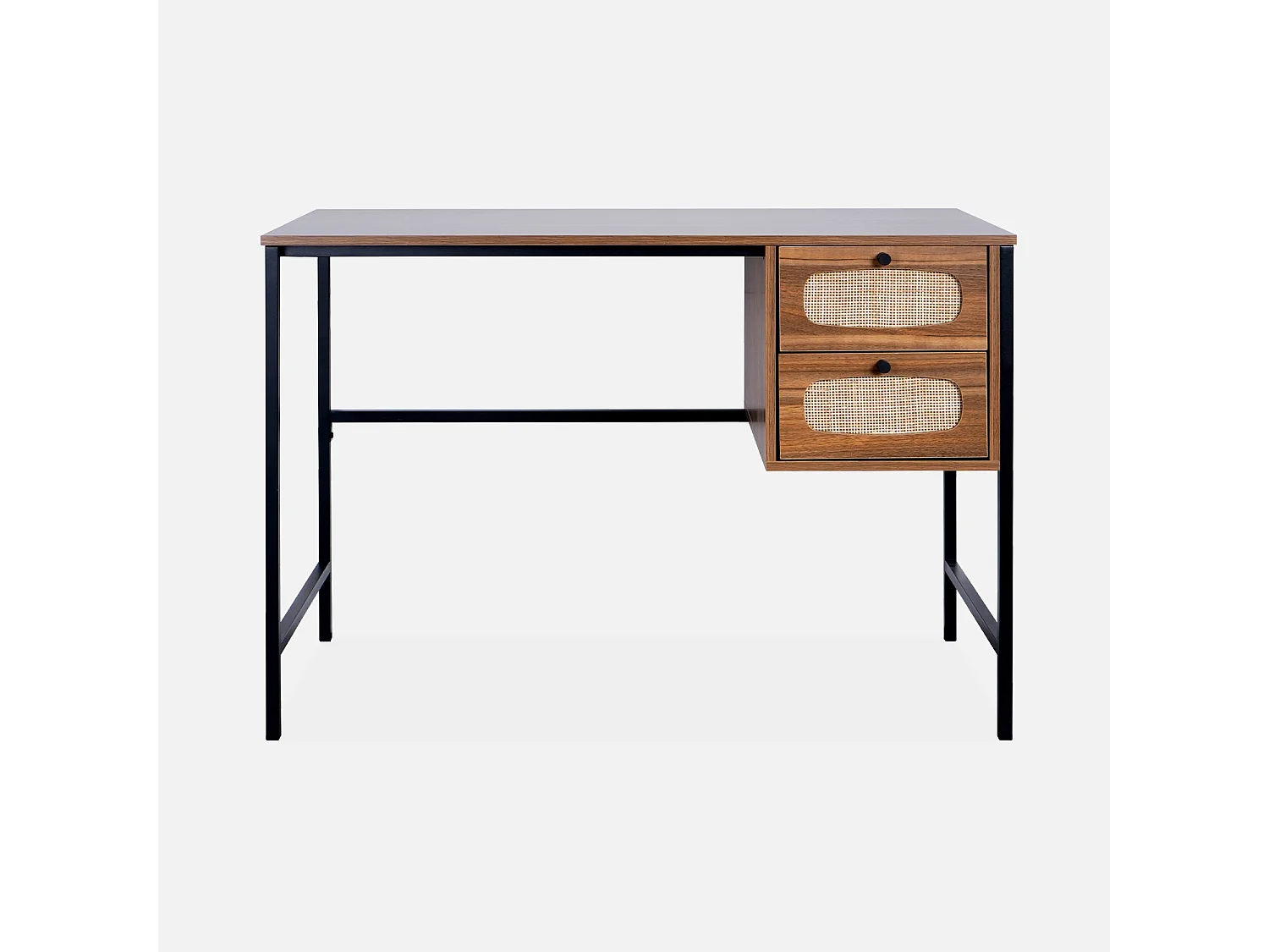 Bureau rétro décor bois et cannage avec piètement et poignées en métal noir