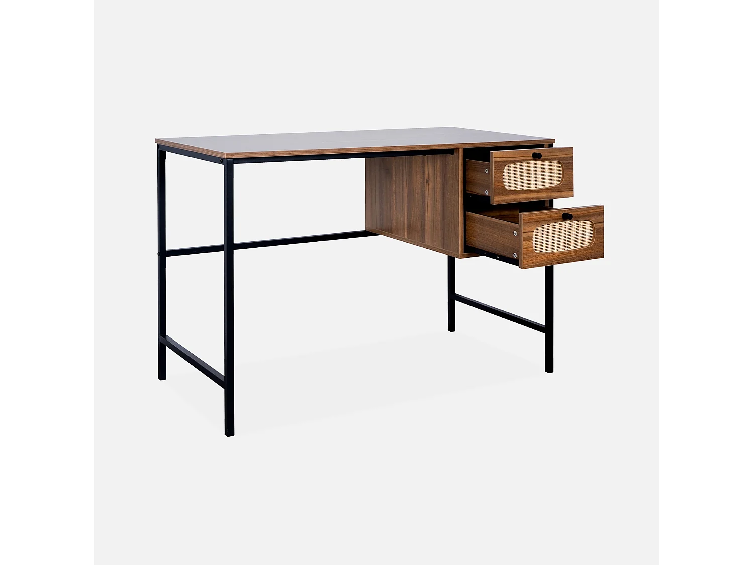 Bureau rétro décor bois et cannage avec piètement et poignées en métal noir