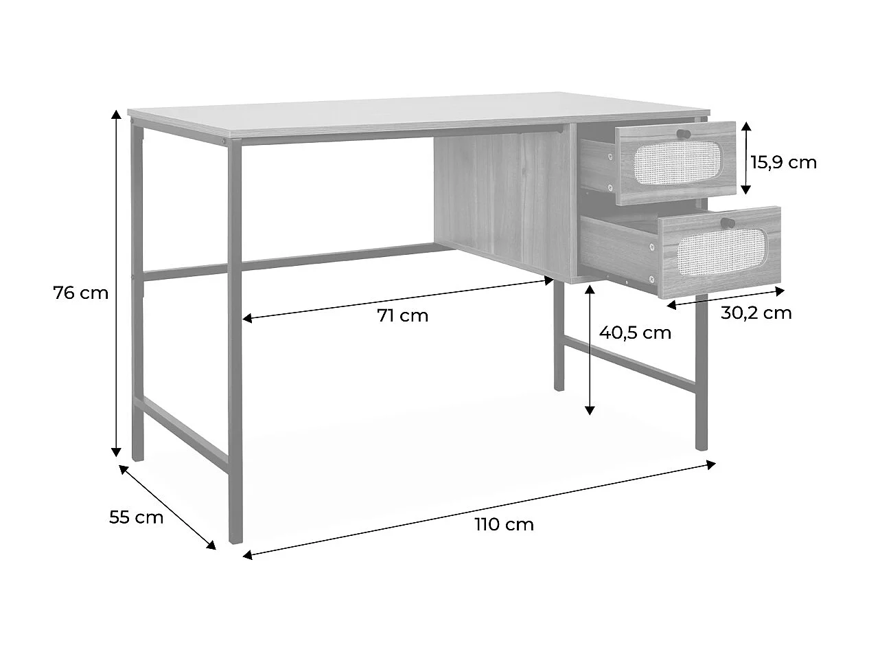Bureau rétro décor bois et cannage avec piètement et poignées en métal noir