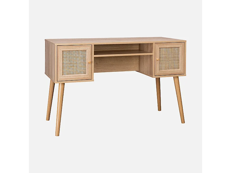 Bureau cannage et décor bois avec 2 portes. 1 casier ouvert. pieds compas