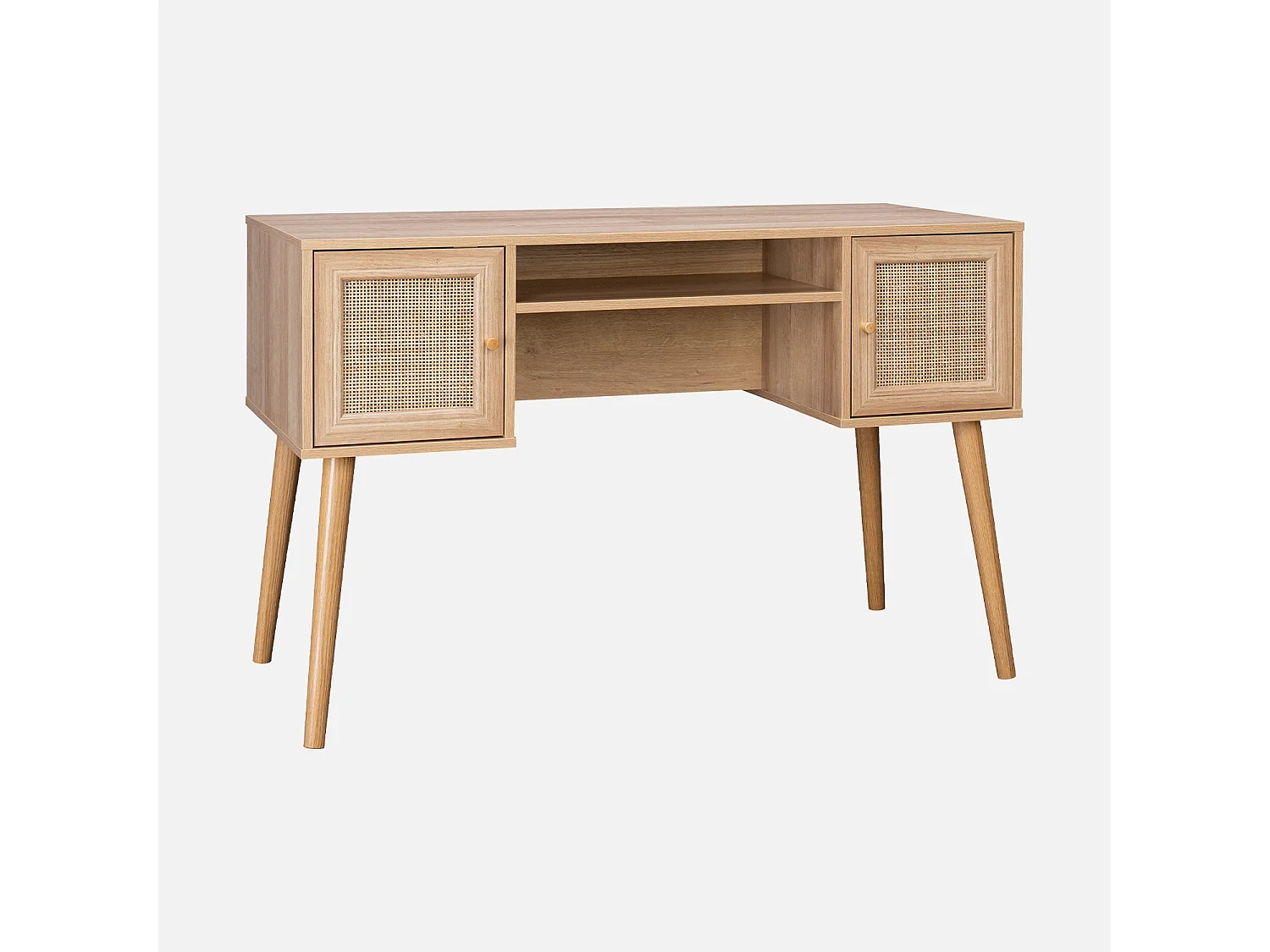 Bureau cannage et décor bois avec 2 portes. 1 casier ouvert. pieds compas