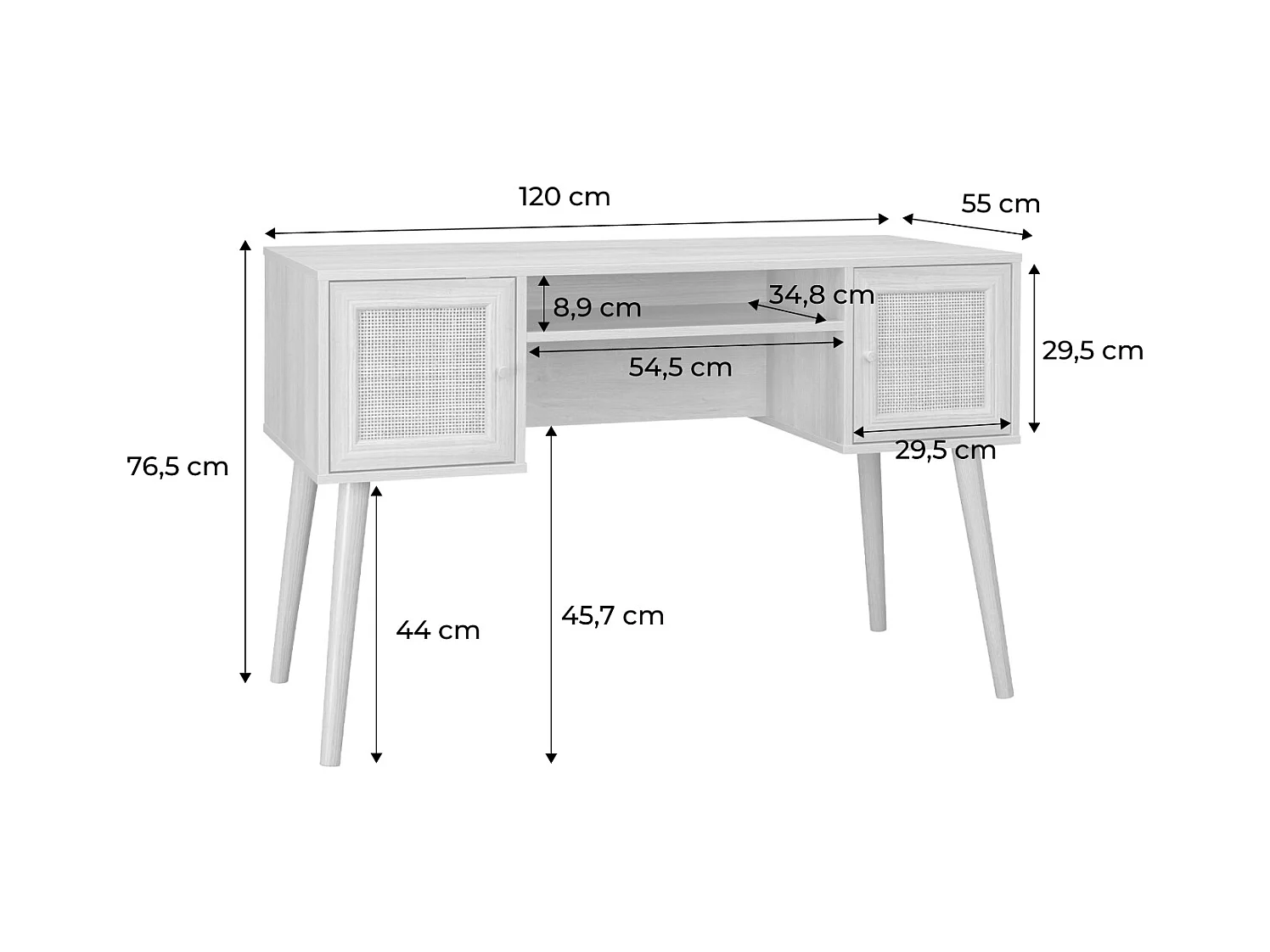 Bureau cannage et décor bois avec 2 portes. 1 casier ouvert. pieds compas