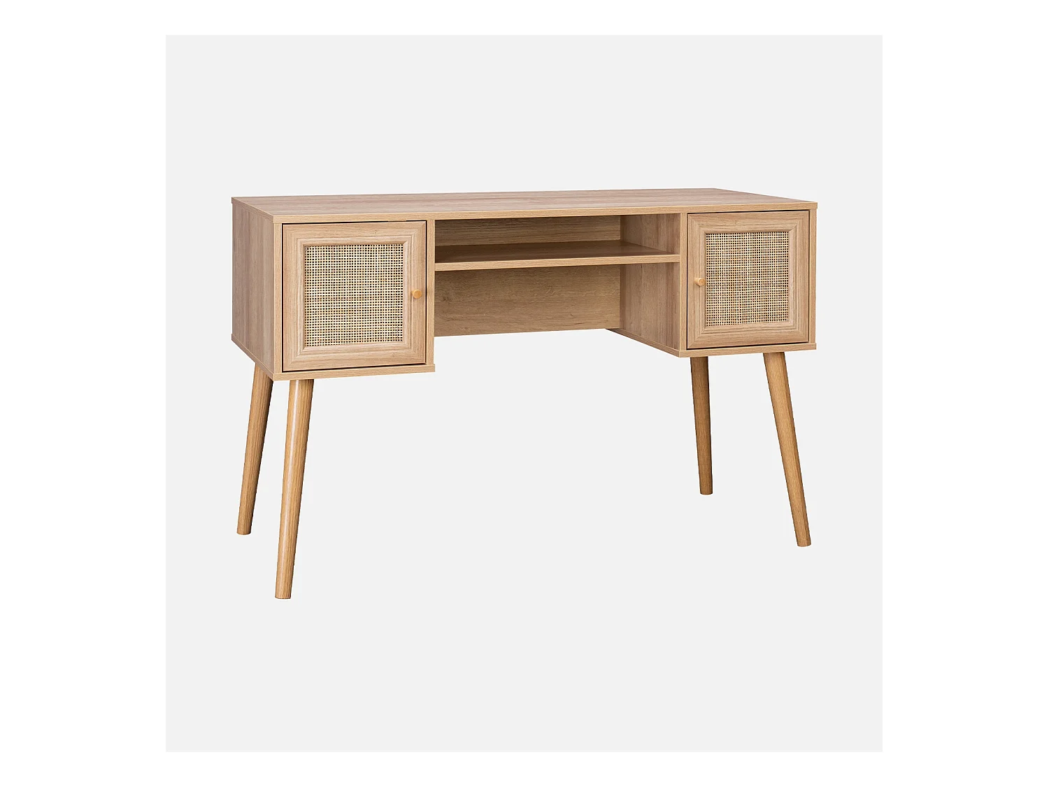Bureau cannage et décor bois avec 2 portes. 1 casier ouvert. pieds compas