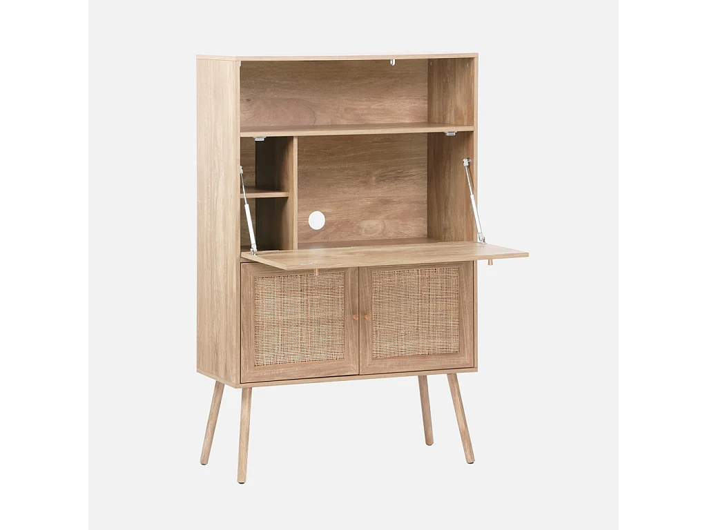 Bureau secrétaire. 2 portes en cannage. étagères. décor bois. pieds en bois de sapin