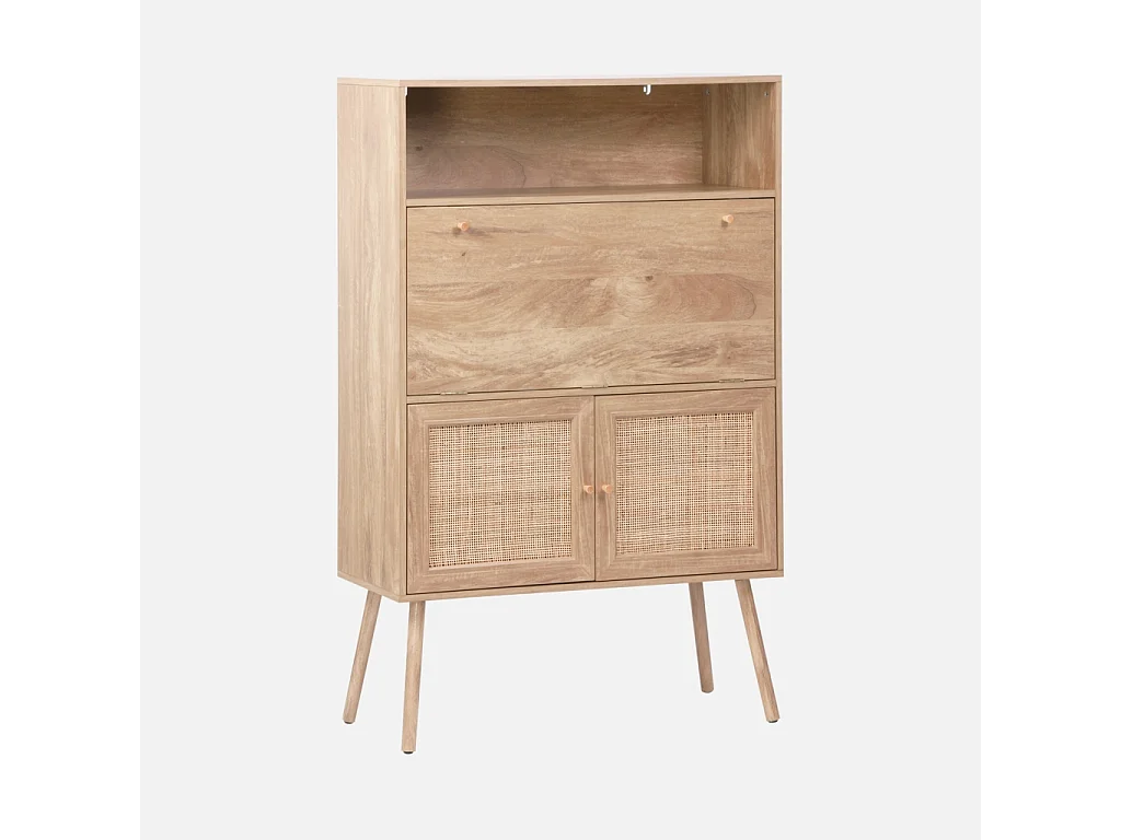 Bureau secrétaire. 2 portes en cannage. étagères. décor bois. pieds en bois de sapin