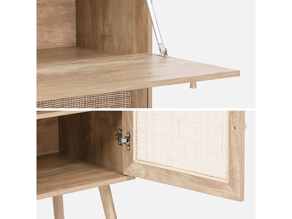 Bureau secrétaire. 2 portes en cannage. étagères. décor bois. pieds en bois de sapin