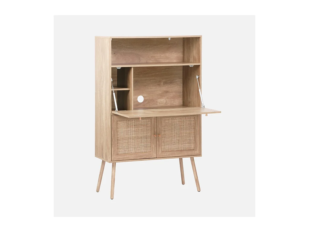 Bureau secrétaire. 2 portes en cannage. étagères. effet bois. pieds en bois de sapin