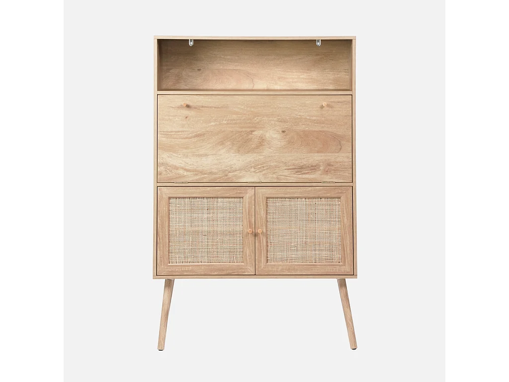 Escritorio de 2 puertas con estantes, efecto madera y caña natural