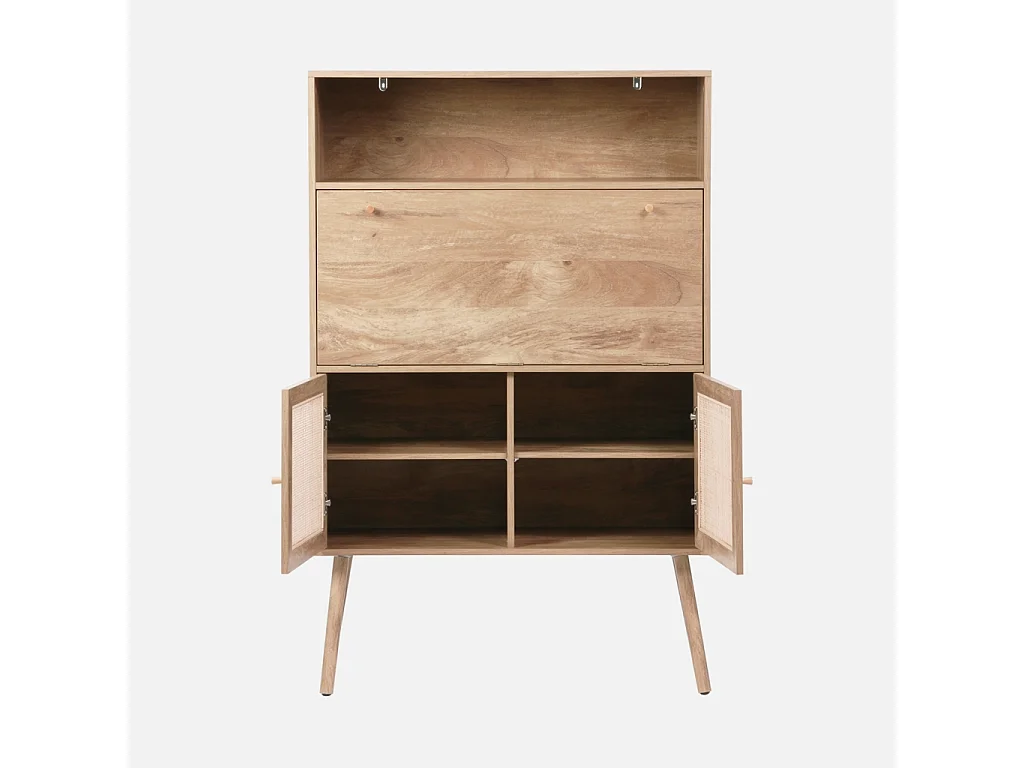 Escritorio de 2 puertas con estantes, efecto madera y caña natural